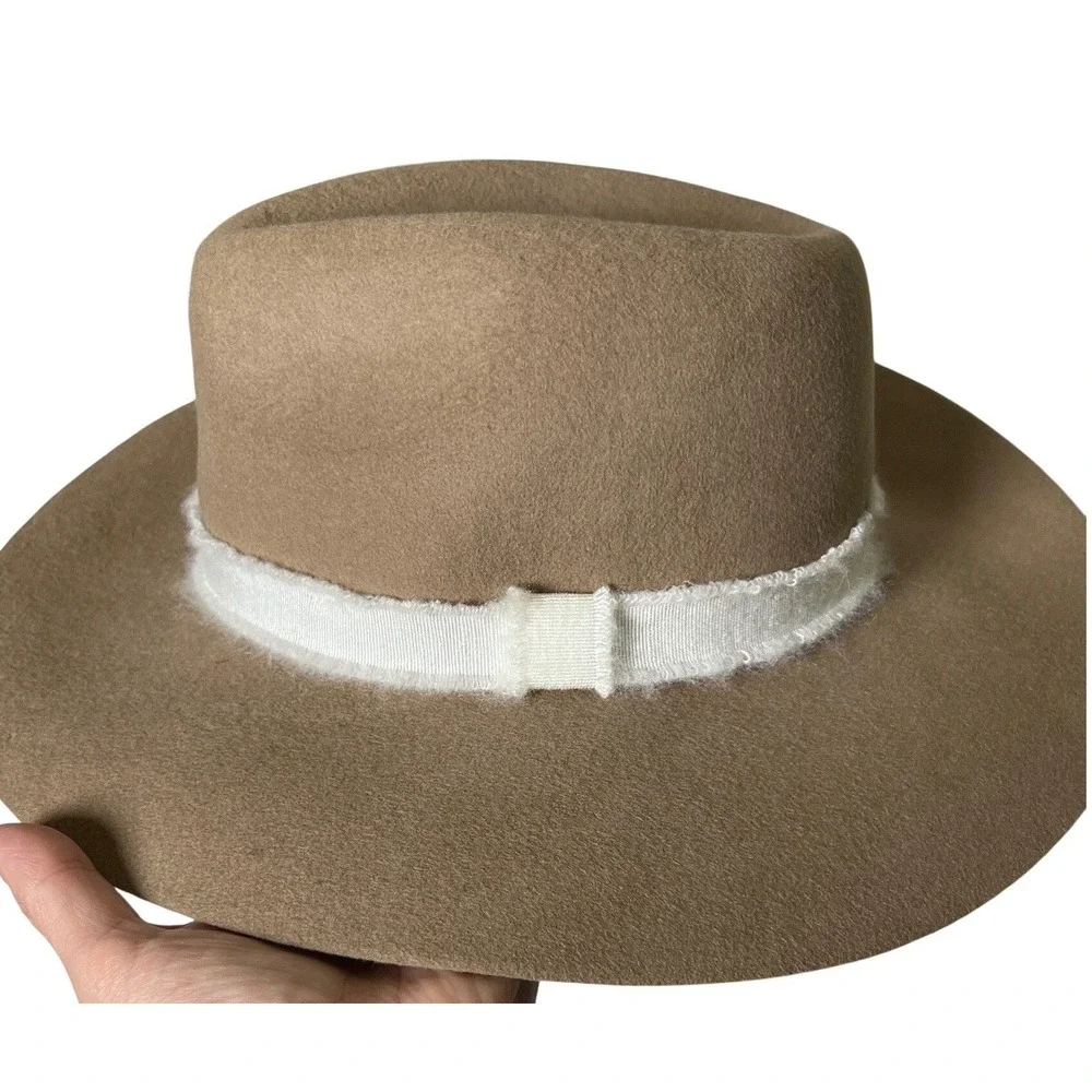 Wide Brim Rancher Fedora Hat Tan‎ Wool Felt White Band Boho Western OS